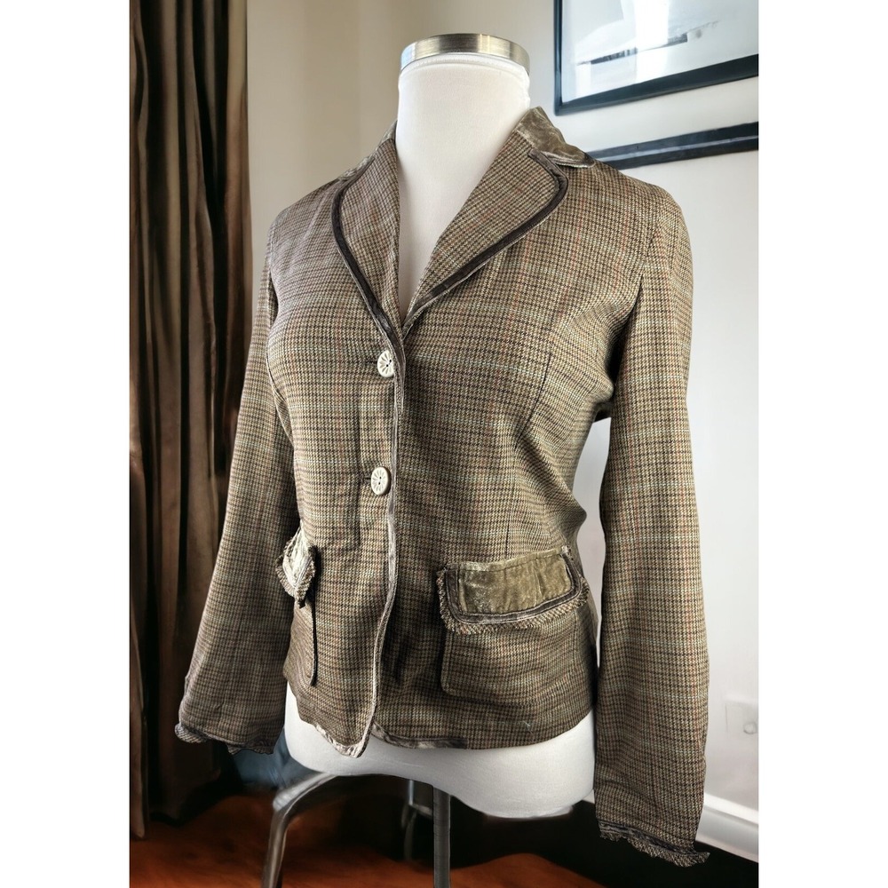NWT J. Jill Plaid Houndstooth Velvet Trim Blazer Suit Jacket Brown Size 6 Fall - Picture 3 of 13